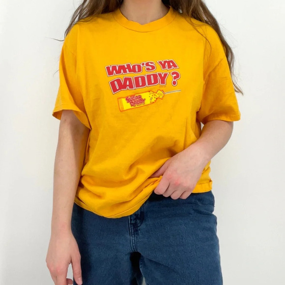 retro y2k "who's your daddy" sugar daddy crewneck graphic tee t-shirt yellow M - Picture 2 of 7